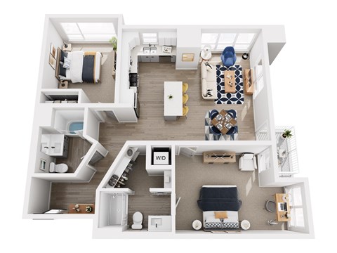 A top-down view of a well-organized apartment with a living area, kitchen, and bedrooms.